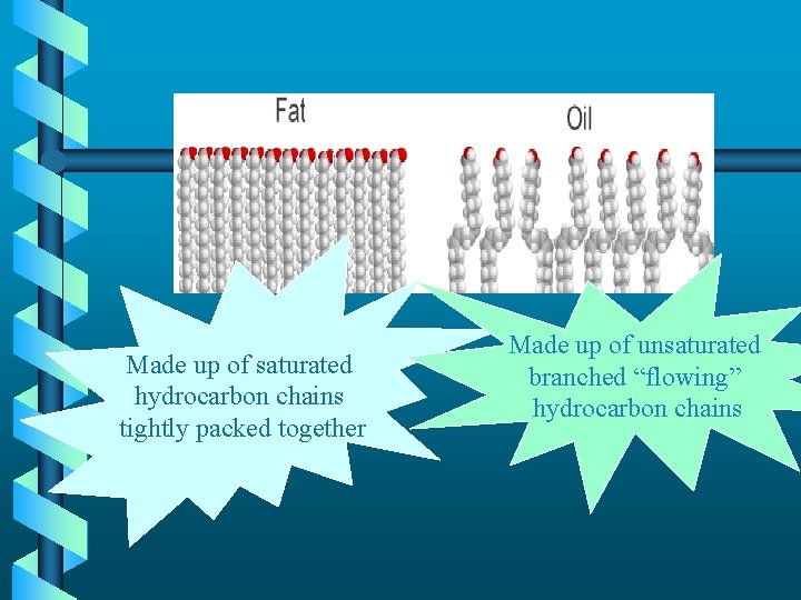 Made up of saturated hydrocarbon chains tightly packed together Made up of unsaturated branched