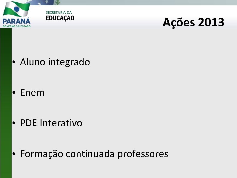 Ações 2013 • Aluno integrado • Enem • PDE Interativo • Formação continuada professores