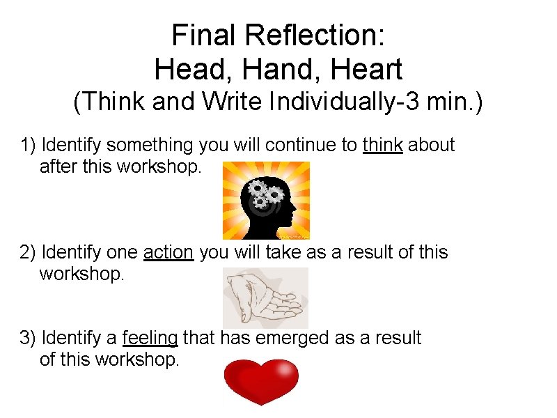 Final Reflection: Head, Hand, Heart (Think and Write Individually-3 min. ) 1) Identify something