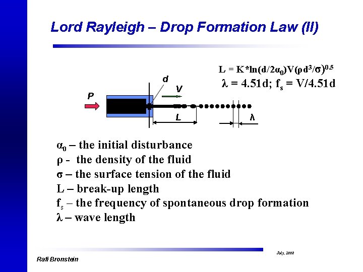 Lord Rayleigh – Drop Formation Law (II) d P L = K*ln(d/2α 0)V(ρd 3/σ)0.