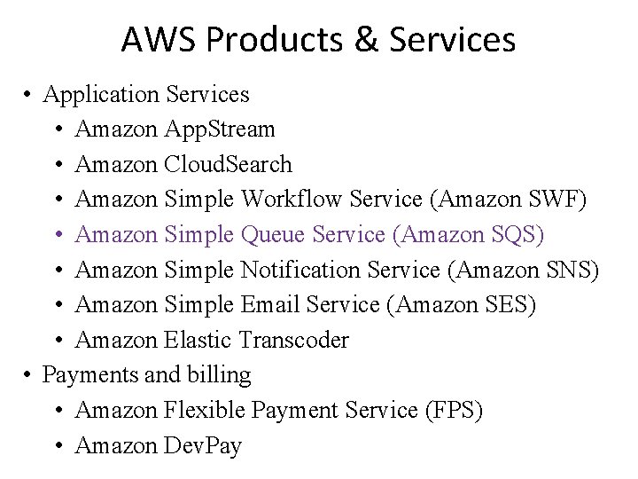 AWS Products & Services • Application Services • Amazon App. Stream • Amazon Cloud.