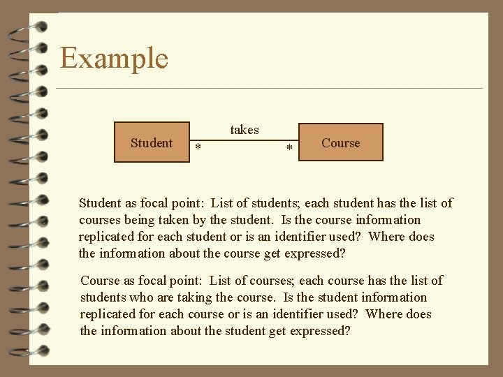 Example Student takes * * Course Student as focal point: List of students; each