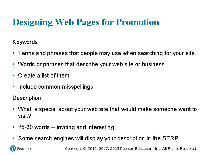 Designing Web Pages for Promotion Keywords • Terms and phrases that people may use