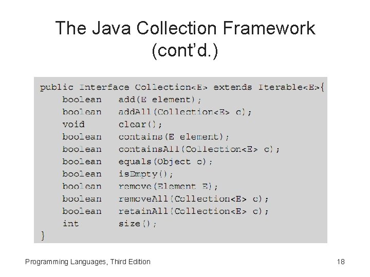 The Java Collection Framework (cont’d. ) Programming Languages, Third Edition 18 