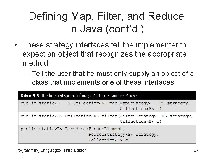 Defining Map, Filter, and Reduce in Java (cont’d. ) • These strategy interfaces tell