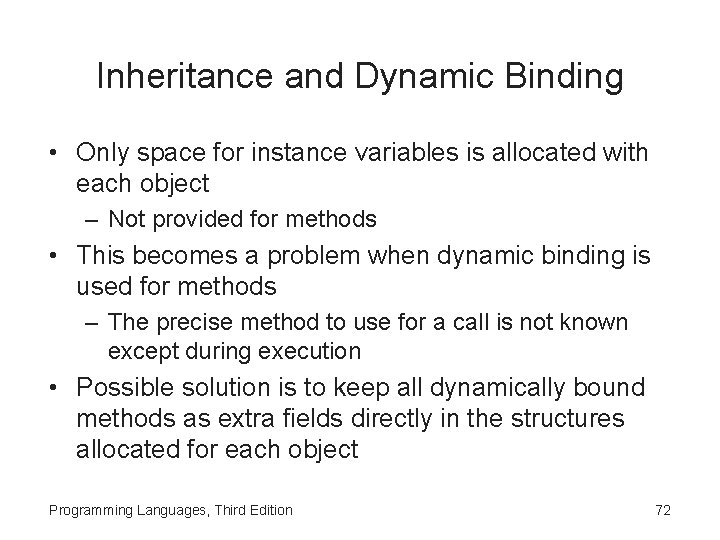 Inheritance and Dynamic Binding • Only space for instance variables is allocated with each