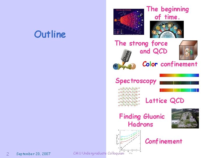 The beginning of time. Outline The strong force and QCD Color confinement Spectroscopy Lattice