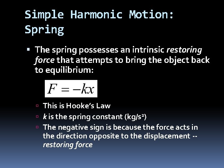 Simple Harmonic Motion: Spring The spring possesses an intrinsic restoring force that attempts to