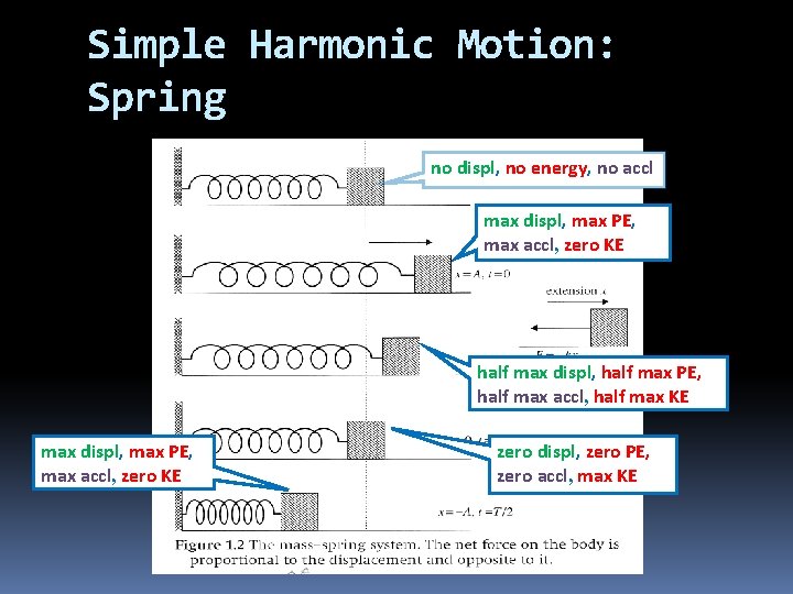 Simple Harmonic Motion: Spring no displ, no energy, no accl max displ, max PE,