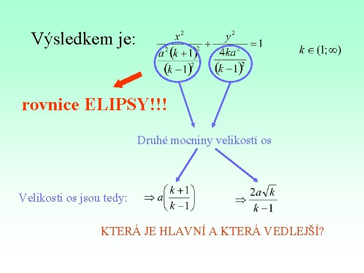 Výsledkem je: rovnice ELIPSY!!! Druhé mocniny velikostí os Velikosti os jsou tedy: KTERÁ JE