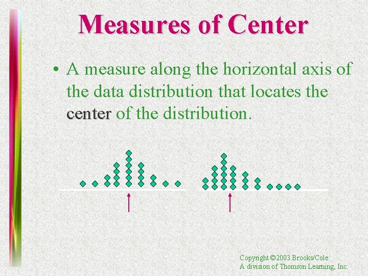 Measures of Center • A measure along the horizontal axis of the data distribution