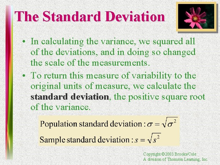 The Standard Deviation • In calculating the variance, we squared all of the deviations,