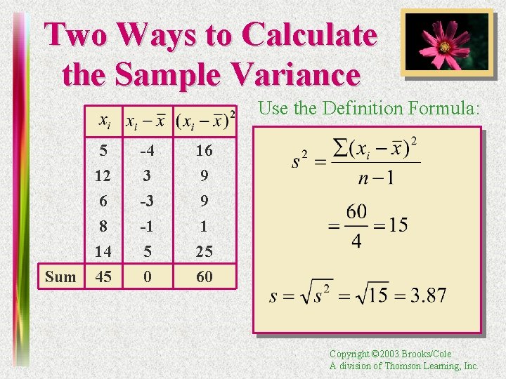 Two Ways to Calculate the Sample Variance Use the Definition Formula: Sum 5 12
