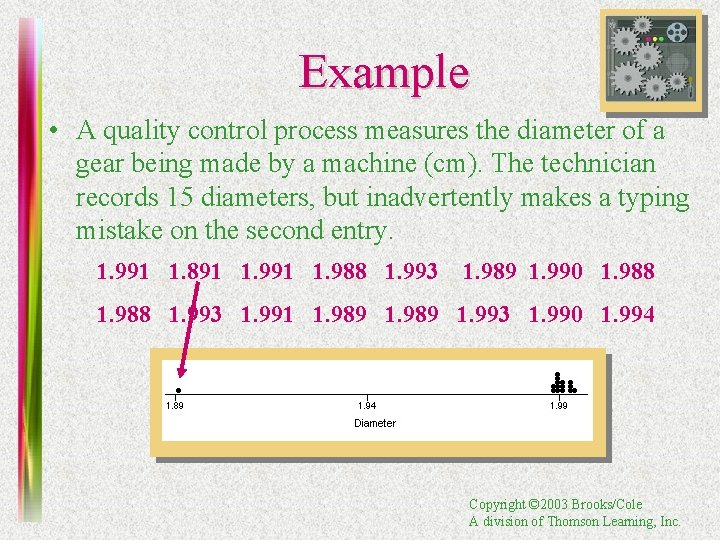 Example • A quality control process measures the diameter of a gear being made