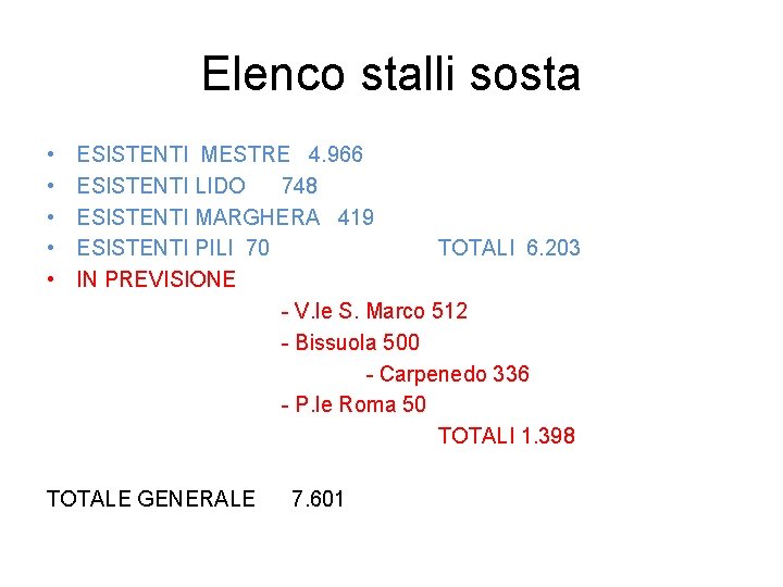 Elenco stalli sosta • • • ESISTENTI MESTRE 4. 966 ESISTENTI LIDO 748 ESISTENTI Elenco stalli sosta • • • ESISTENTI MESTRE 4. 966 ESISTENTI LIDO 748 ESISTENTI