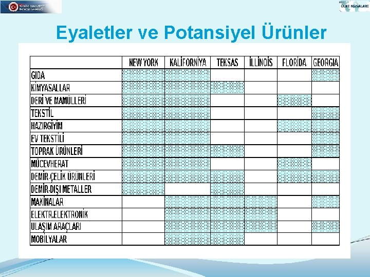 Eyaletler ve Potansiyel Ürünler 