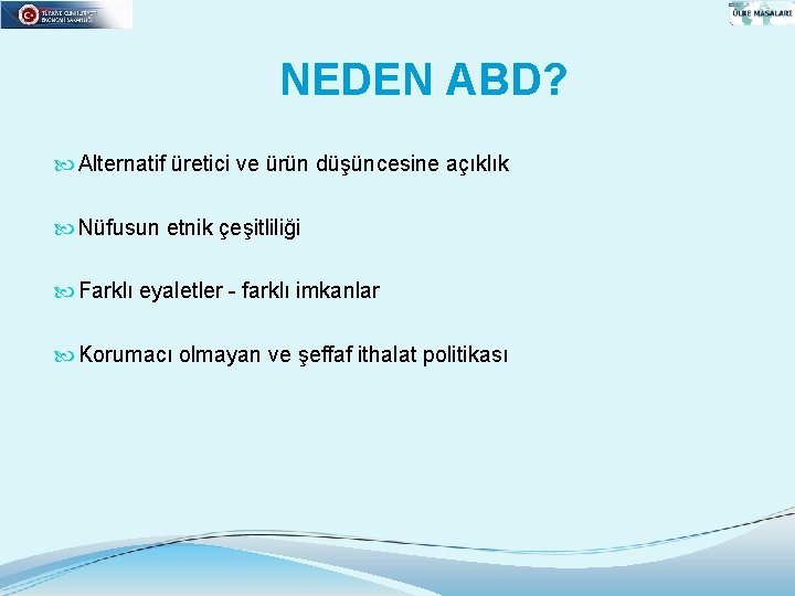 NEDEN ABD? Alternatif üretici ve ürün düşüncesine açıklık Nüfusun etnik çeşitliliği Farklı eyaletler -