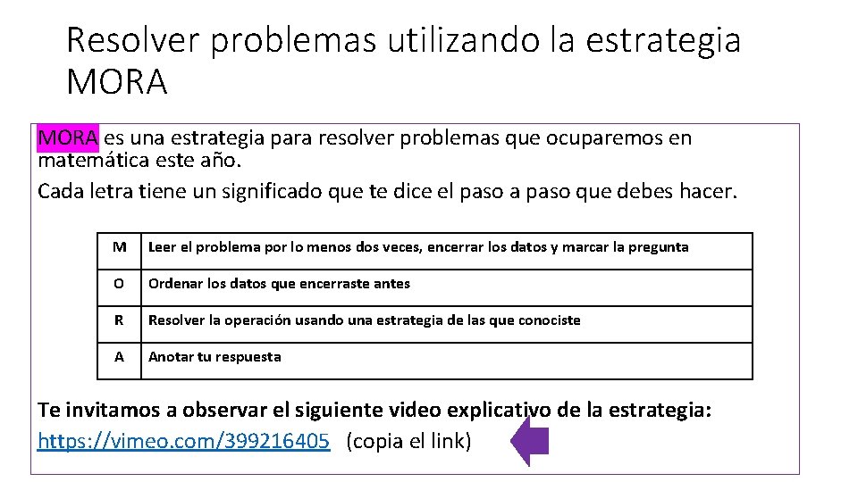 Resolver problemas utilizando la estrategia MORA es una estrategia para resolver problemas que ocuparemos