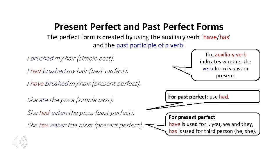 Present Perfect and Past Perfect Forms The perfect form is created by using the