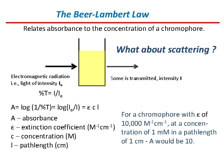 The Beer-Lambert Law Relates absorbance to the concentration of a chromophore. What about scattering