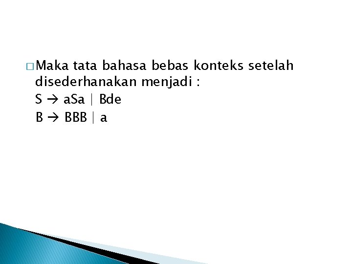 � Maka tata bahasa bebas konteks setelah disederhanakan menjadi : S a. Sa |