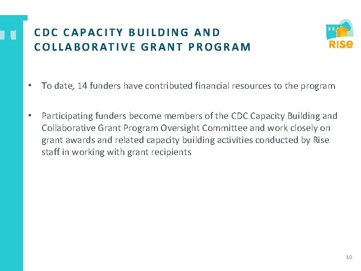 CDC CAPACITY BUILDING AND COLLABORATIVE GRANT PROGRAM • To date, 14 funders have contributed