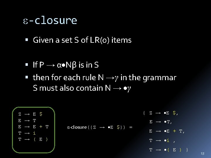  -closure Given a set S of LR(0) items If P α Nβ is