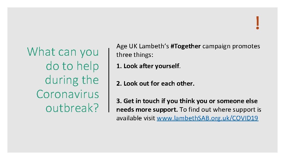 What can you do to help during the Coronavirus outbreak? Age UK Lambeth’s #Together