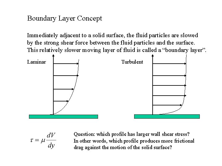 Boundary Layer Concept Immediately adjacent to a solid surface, the fluid particles are slowed