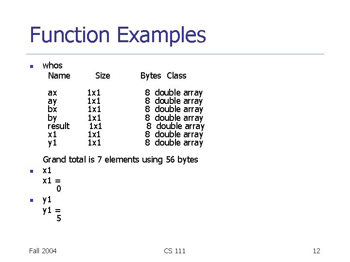 Function Examples n whos Name ax ay bx by result x 1 y 1