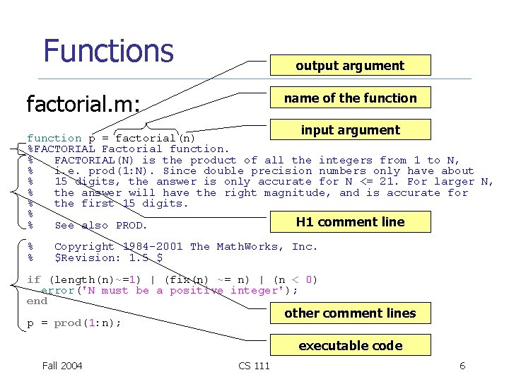 Functions output argument factorial. m: name of the function input argument function p =