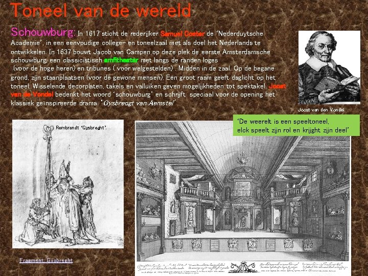 Toneel van de wereld Schouwburg: In 1617 sticht de rederijker Samuel Coster de ‘Nederduytsche