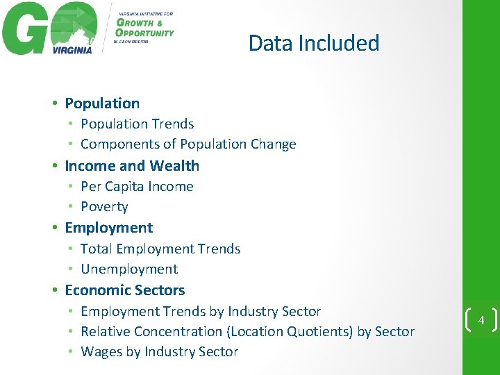 Data Included • Population Trends • Components of Population Change • Income and Wealth