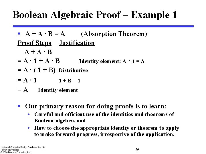 Boolean Algebraic Proof – Example 1 § A+A·B=A (Absorption Theorem) Proof Steps Justification A+A·B Boolean Algebraic Proof – Example 1 § A+A·B=A (Absorption Theorem) Proof Steps Justification A+A·B
