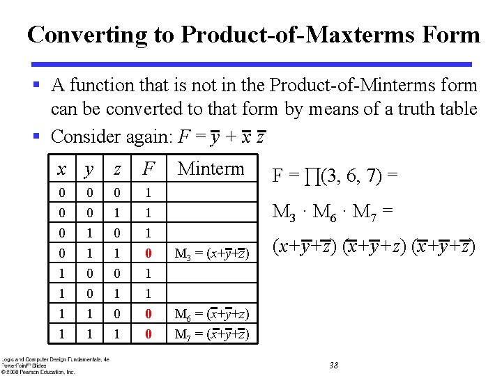 Converting to Product-of-Maxterms Form § A function that is not in the Product-of-Minterms form Converting to Product-of-Maxterms Form § A function that is not in the Product-of-Minterms form