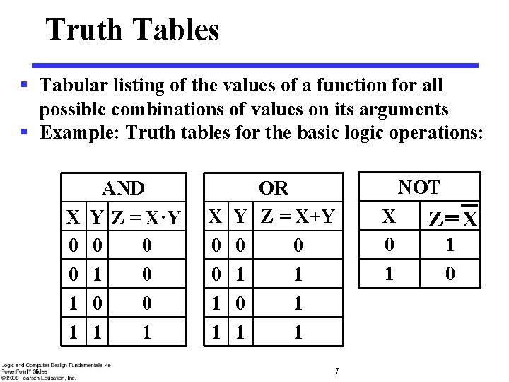 Truth Tables § Tabular listing of the values of a function for all possible Truth Tables § Tabular listing of the values of a function for all possible