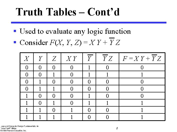 Truth Tables – Cont’d § Used to evaluate any logic function § Consider F(X, Truth Tables – Cont’d § Used to evaluate any logic function § Consider F(X,