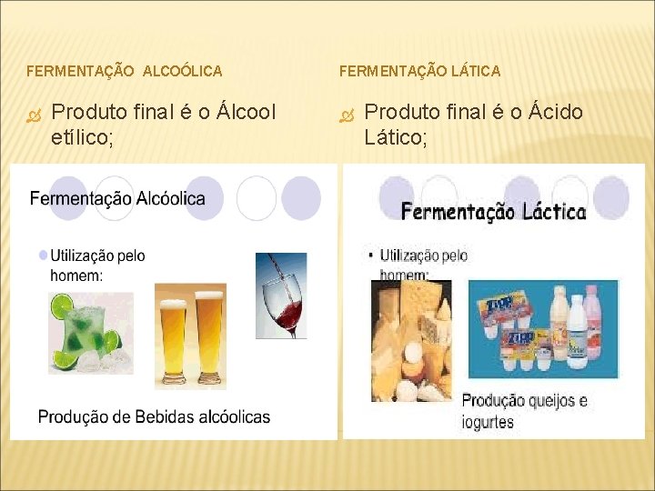 FERMENTAÇÃO ALCOÓLICA Produto final é o Álcool etílico; FERMENTAÇÃO LÁTICA Produto final é o