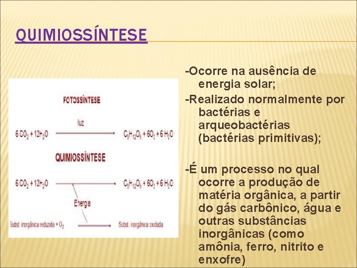 QUIMIOSSÍNTESE -Ocorre na ausência de energia solar; -Realizado normalmente por bactérias e arqueobactérias (bactérias
