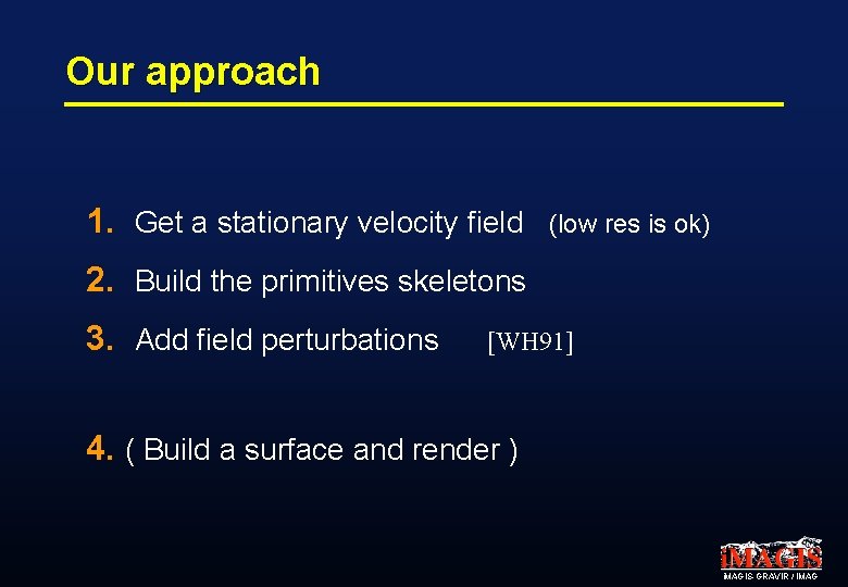 Our approach 1. Get a stationary velocity field (low res is ok) 2. Build