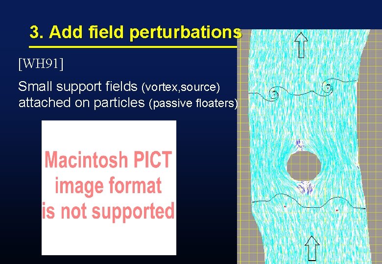 3. Add field perturbations [WH 91] Small support fields (vortex, source) attached on particles