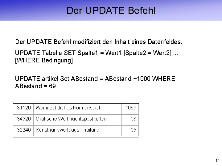 Der UPDATE Befehl modifiziert den Inhalt eines Datenfeldes. UPDATE Tabelle SET Spalte 1 =