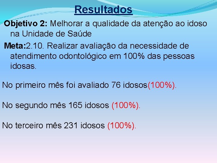 Resultados Objetivo 2: Melhorar a qualidade da atenção ao idoso na Unidade de Saúde