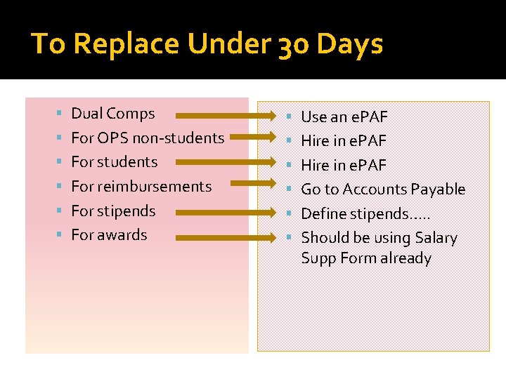 To Replace Under 30 Days Dual Comps Use an e. PAF For OPS non-students