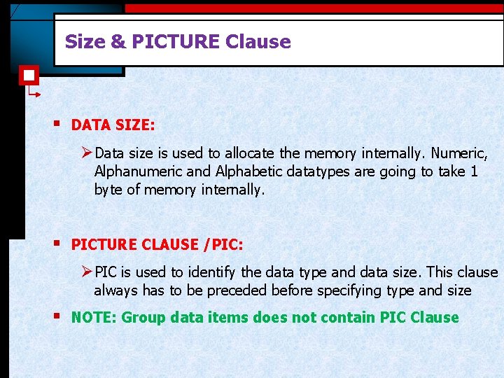 Size & PICTURE Clause § DATA SIZE: Ø Data size is used to allocate