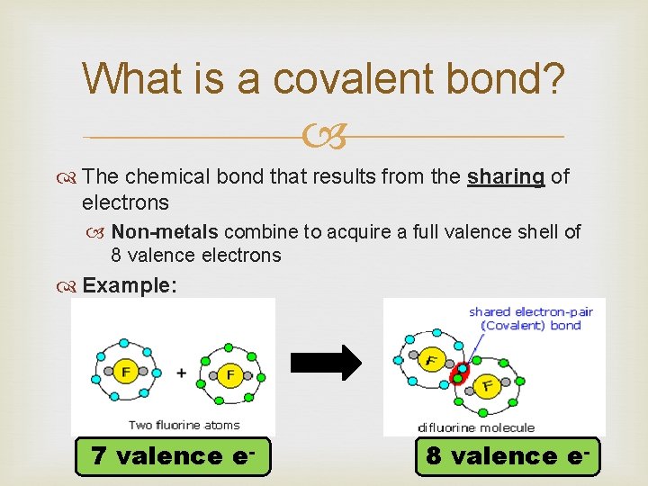 What is a covalent bond? The chemical bond that results from the sharing of