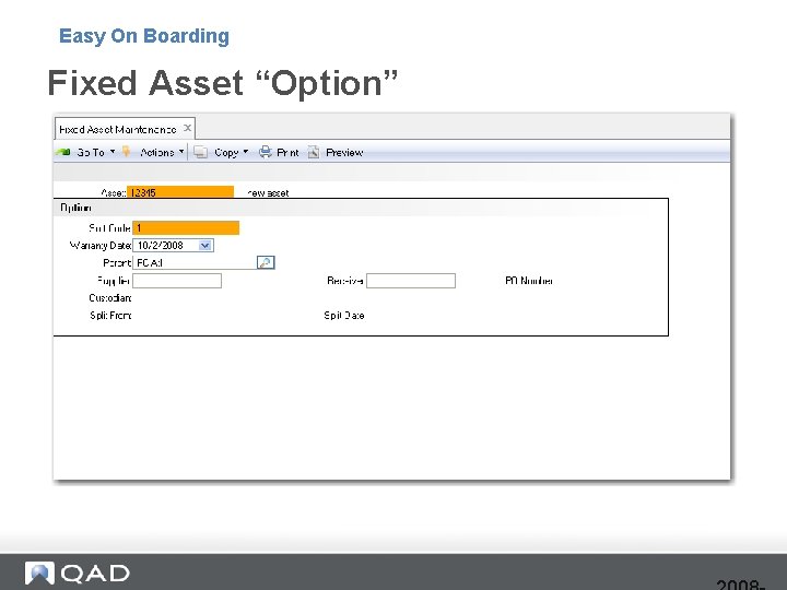Easy On Boarding Fixed Asset “Option” 