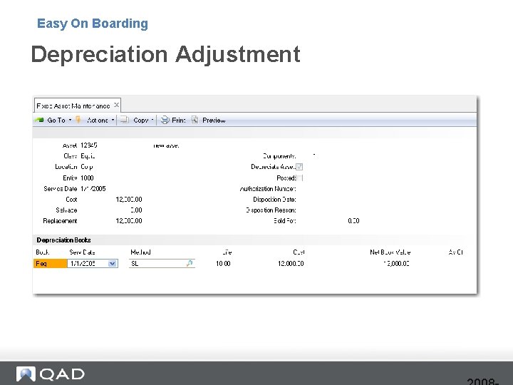 Easy On Boarding Depreciation Adjustment 