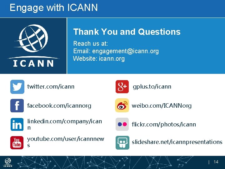 Engage with ICANN Thank You and Questions Reach us at: Email: engagement@icann. org Website: