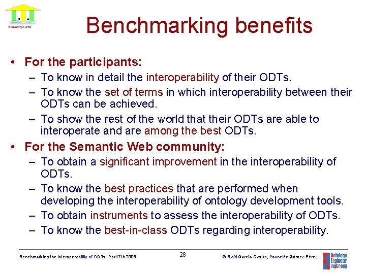 Benchmarking benefits • For the participants: – To know in detail the interoperability of